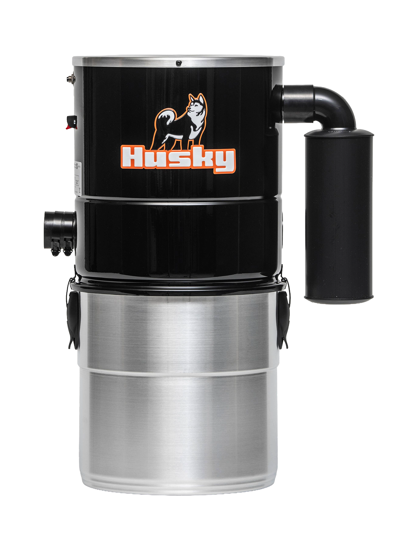 Svart och silverfärgad Husky-maskin med orange logotyp och ansluten svart slang på vit bakgrund.