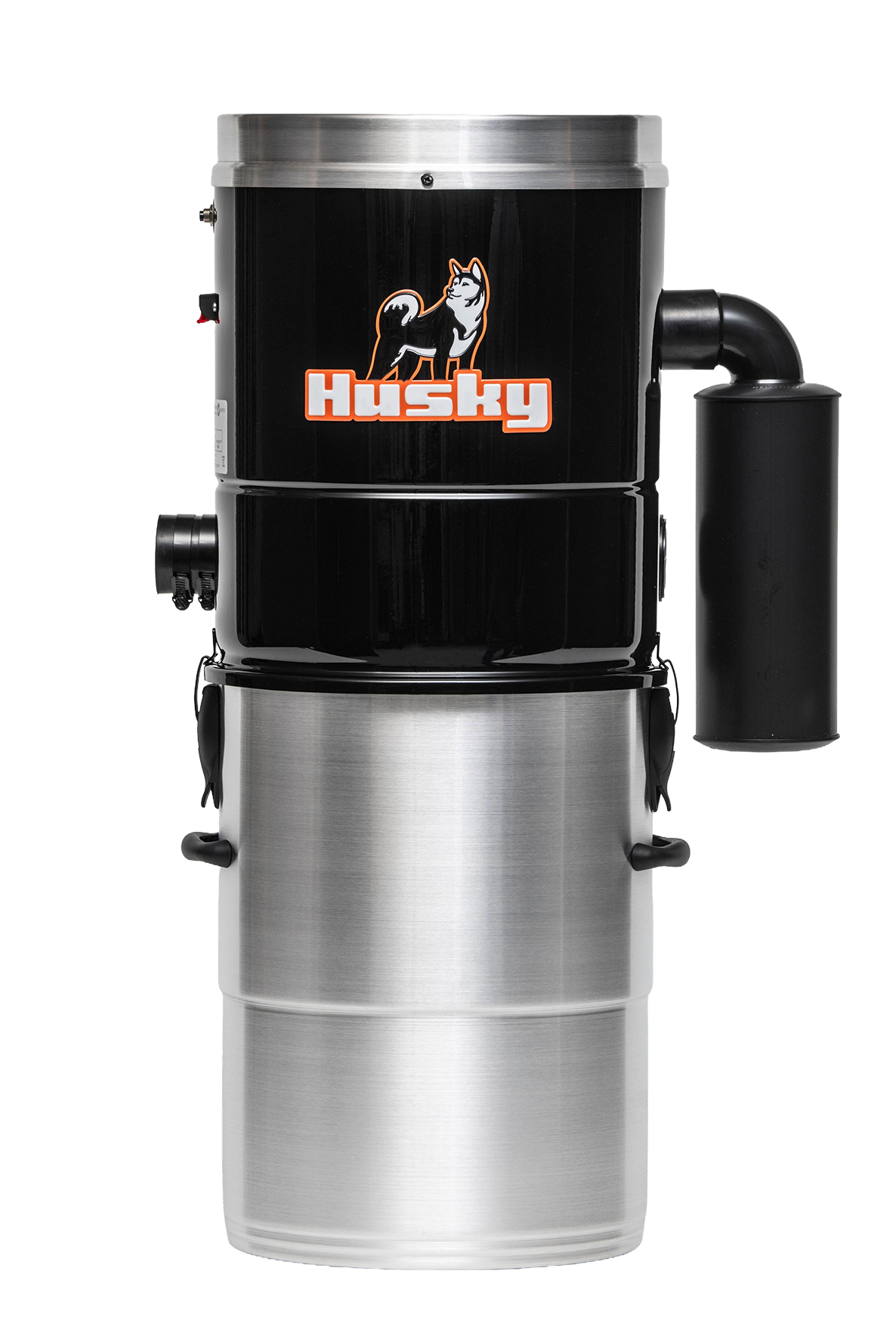 Svart och silverfärgad Husky-maskin med orange logotyp, anslutningsrör och cylindrisk behållare.